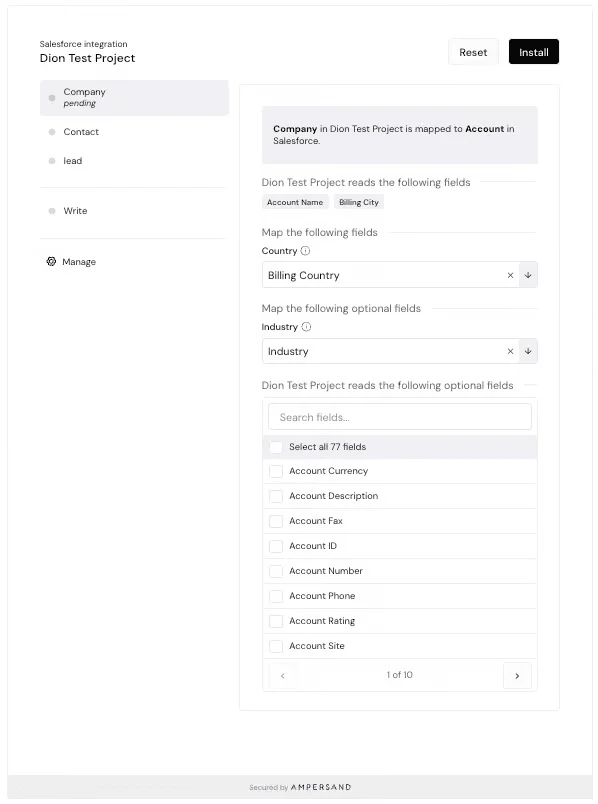 Ampersand embedded Salesforce configuration interface for selecting and mapping fields