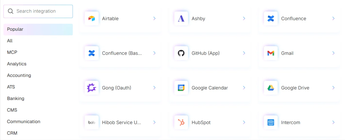 Nango integration catalog interface